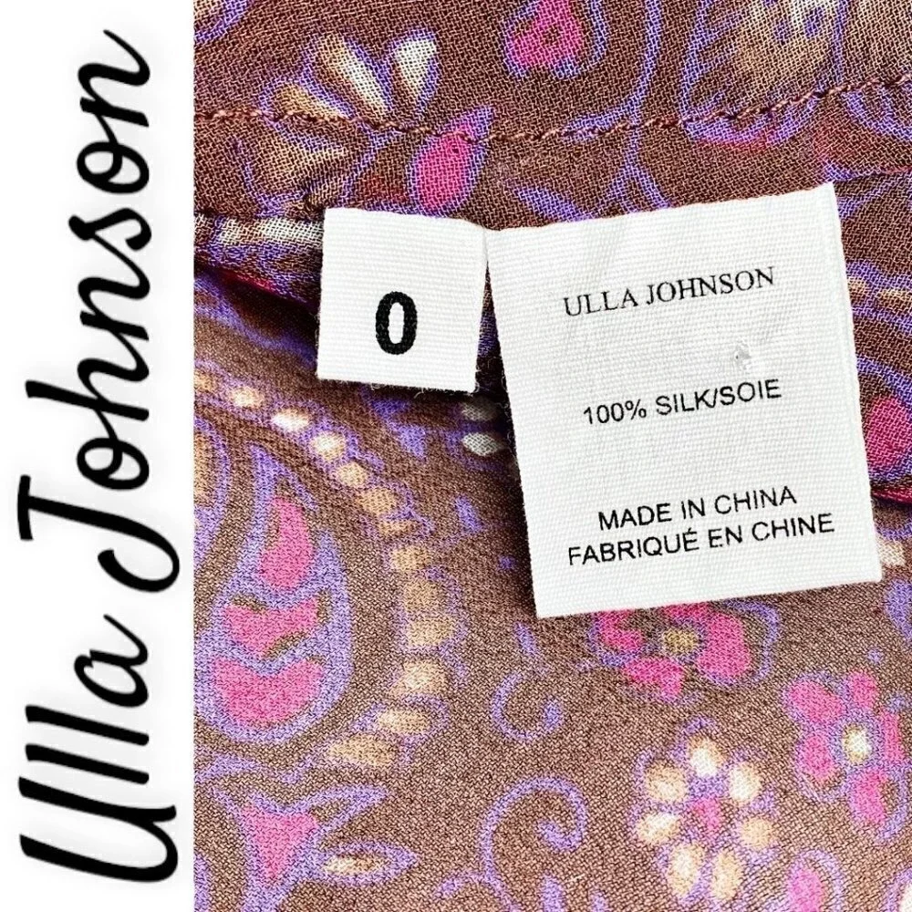 ULLA JOHNSON Renly Silk Paisley Blouse Plum Purple Boho Luxe Romantic,‎ Size 0